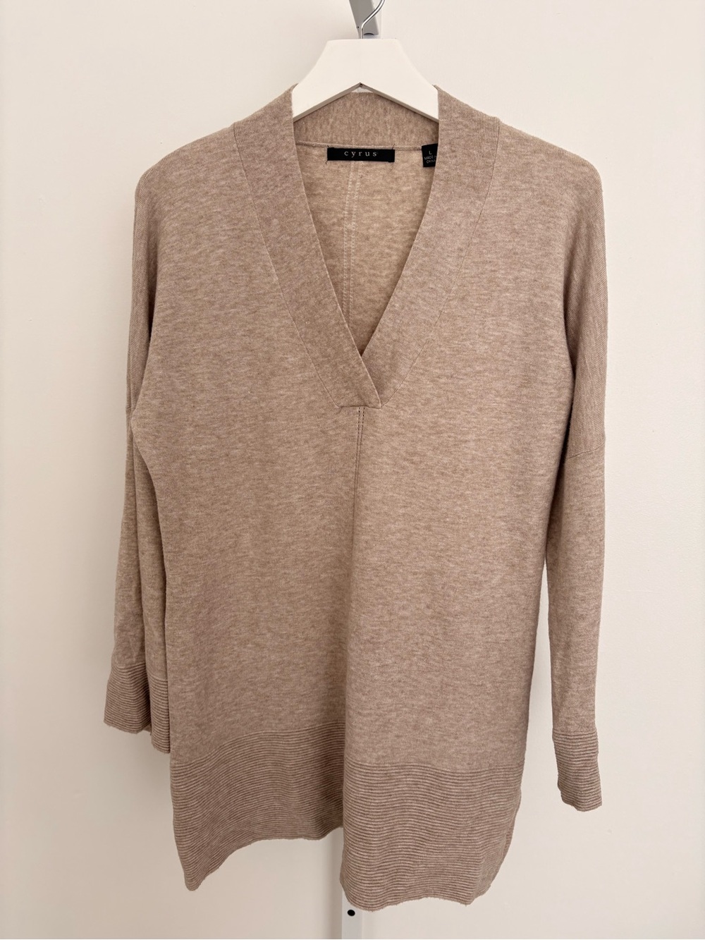 Cyrus V-Neck Longline Sweater in Taupe